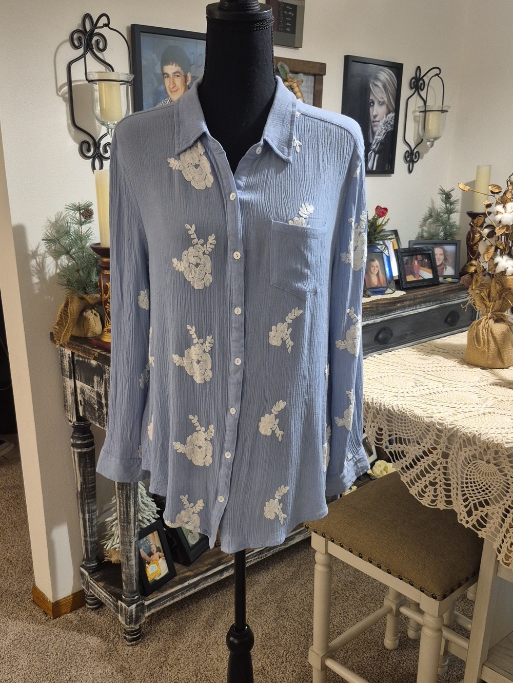 Umgee Light Blue Button-Down Shirt with White Floral Appliqué
